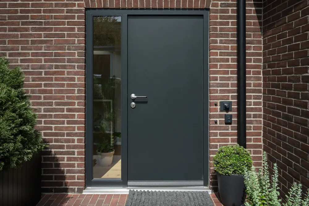 Nieuwe donkergrijze voordeur met een smalle glasstrook in een nieuw kozijn